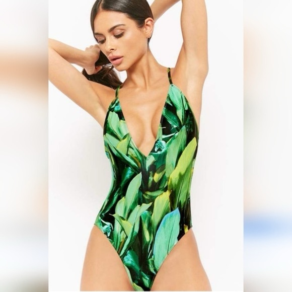 Forever 21 Tropical Green Plunge Neckline One Piece Swimsuit - Size Medium - Picture 1 of 5